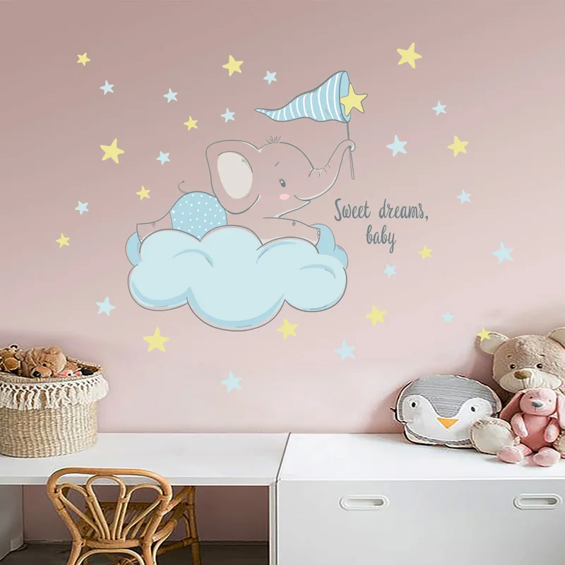 

Zollor Cartoon Animal Elephants On The Clouds Wall Sticker Bedroom Living room Children's room Creative Decorative Sticker