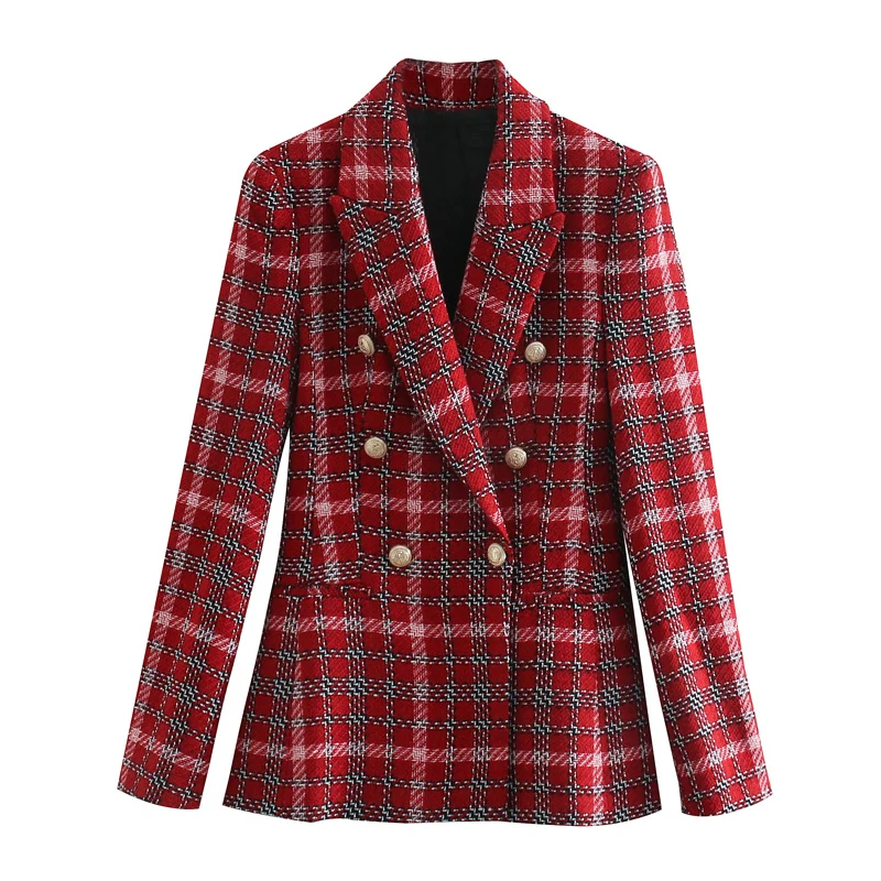 Xnwnmnz Za-chaqueta de cuadros con botones para mujer, abrigo elegante de manga larga con cuello en V y botones vintage