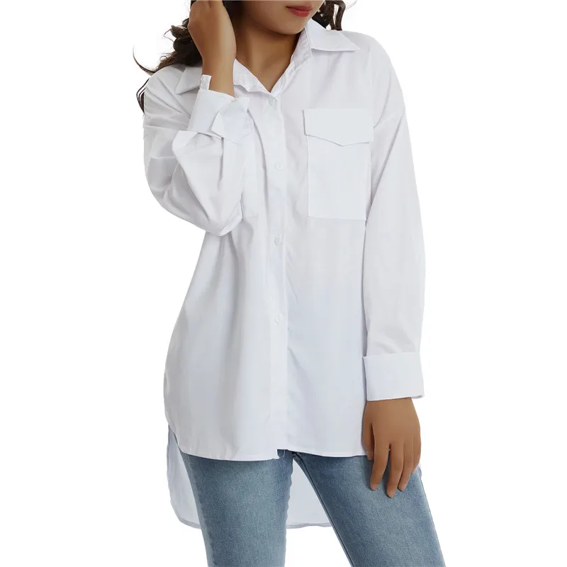 

Autumn Casual Office Lady Shirt Blouse Solid Color Fashion Long Sleeve Single-breasted Turn Down Collar Shirt Tops Irregular Hem