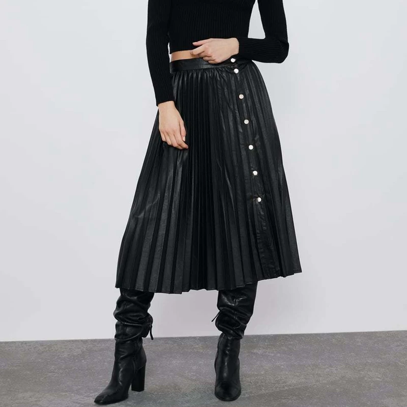 

Leather skirt midi faux leather skirt with pleats Winter pleated skirts korean front button skirt women PU leather skirts midi