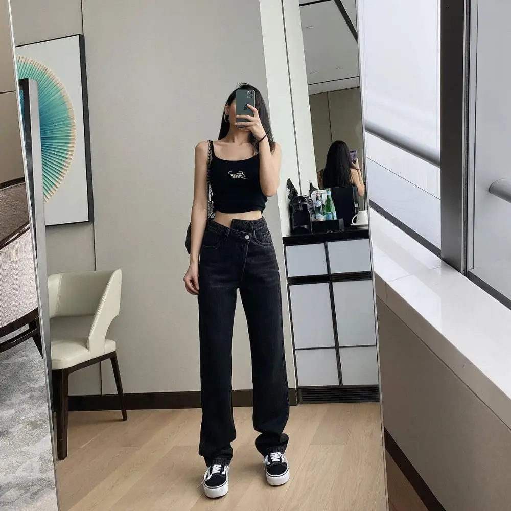 

Women Pants 2021 Summer Fashion Female High Waist Irregular Solid Loose Wide Leg Jeans Women Trousers Streetwear Jeans for Women