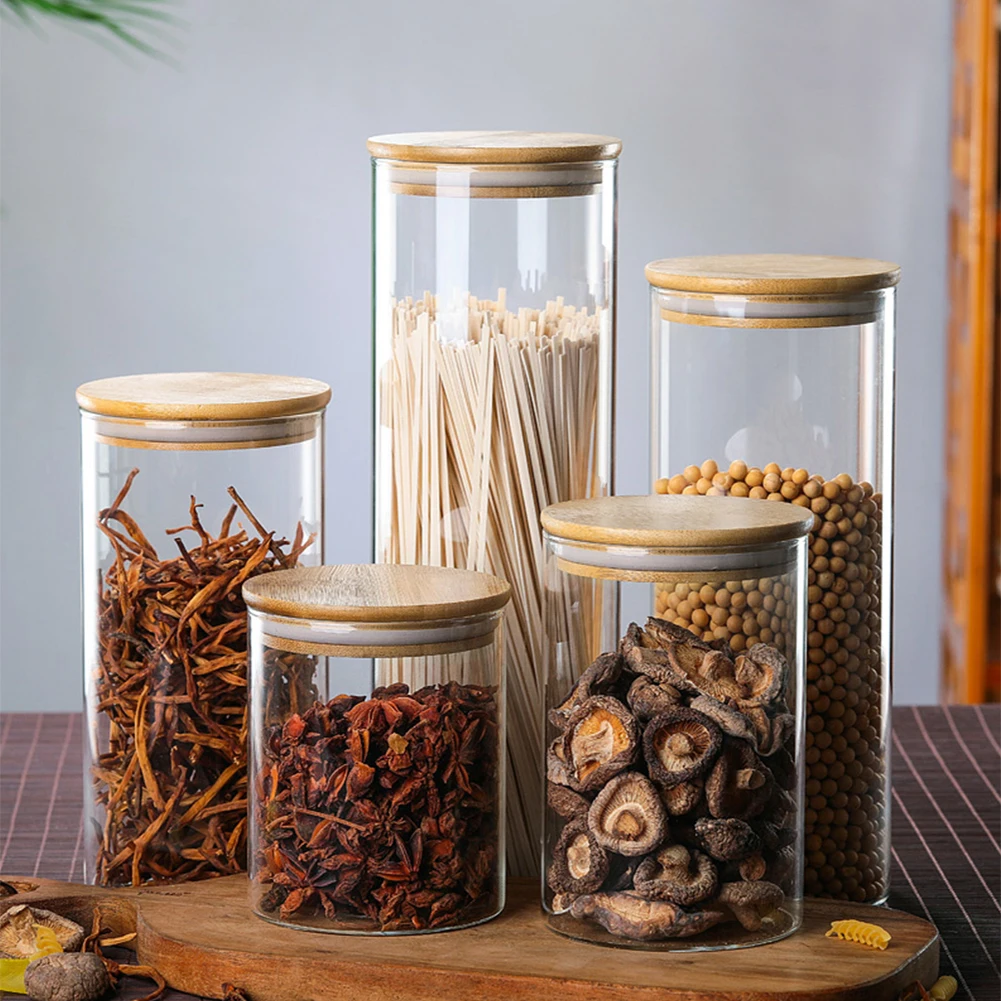 

Bamboo Lid Glass Canister Kitchen Storage Bottles Jar Set Sealed Food Container Tea Coffee Beans Grains Candy Jars Containers