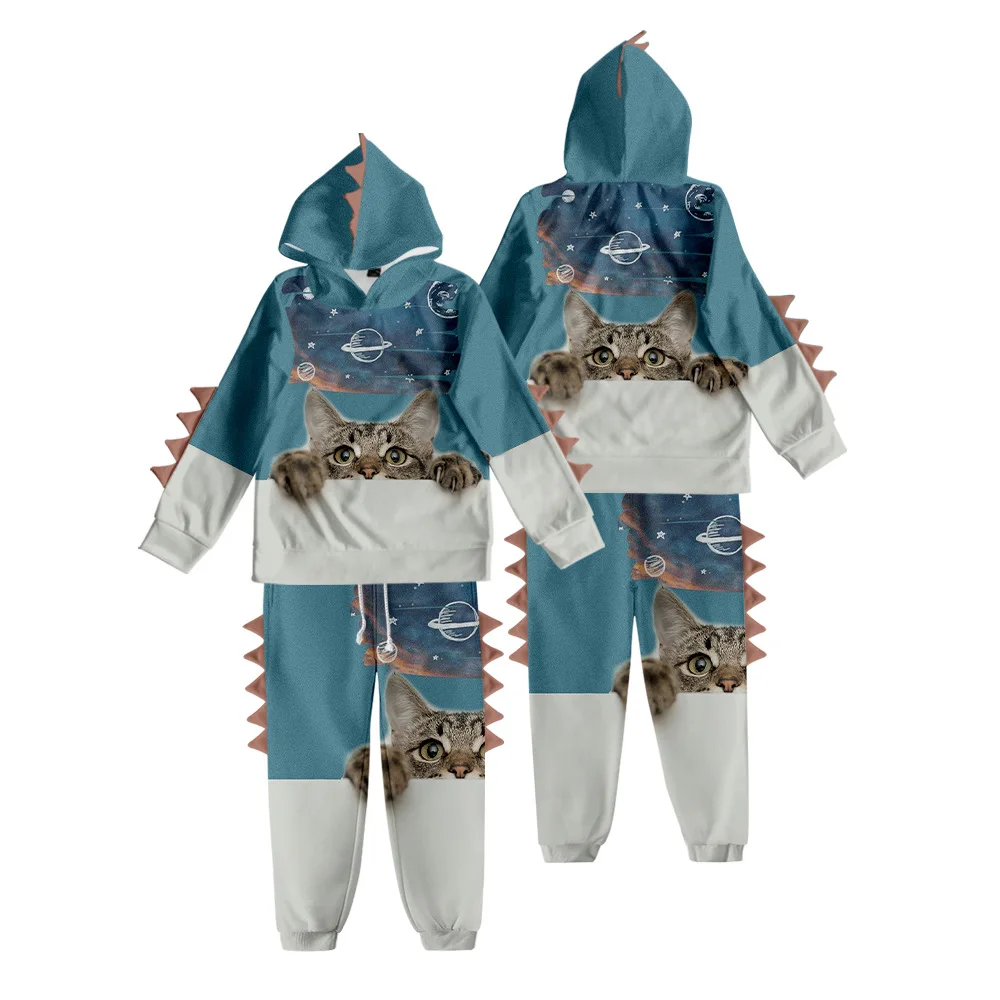 

Autumn and winter suit new 3d cat casual children's clothing thin velvet dinosaur hooded sweater and pants suit