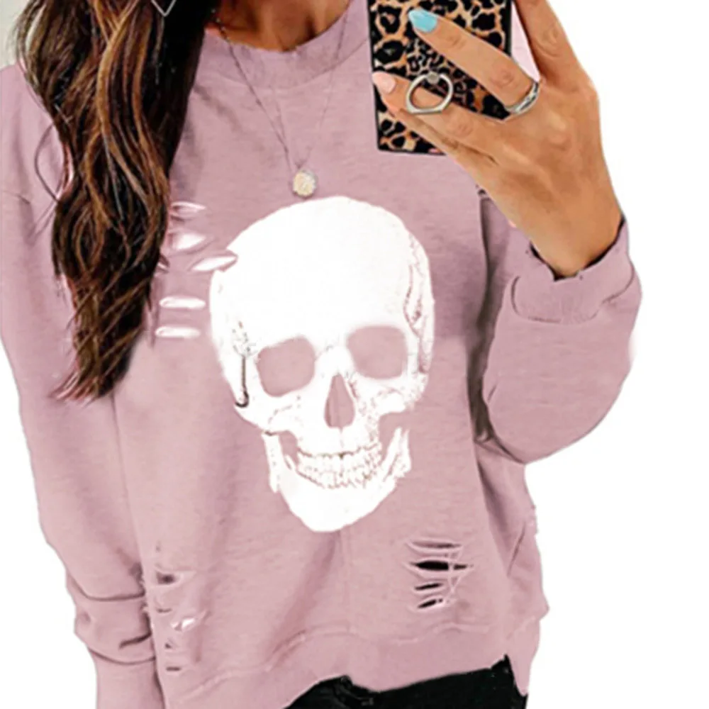 Женская толстовка с капюшоном и принтом черепа на Хэллоуин пуловеры рваные