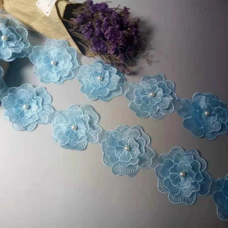 1 ярд синий большой цветок жемчужина вышитая бисером кружевная отделка Цветочная