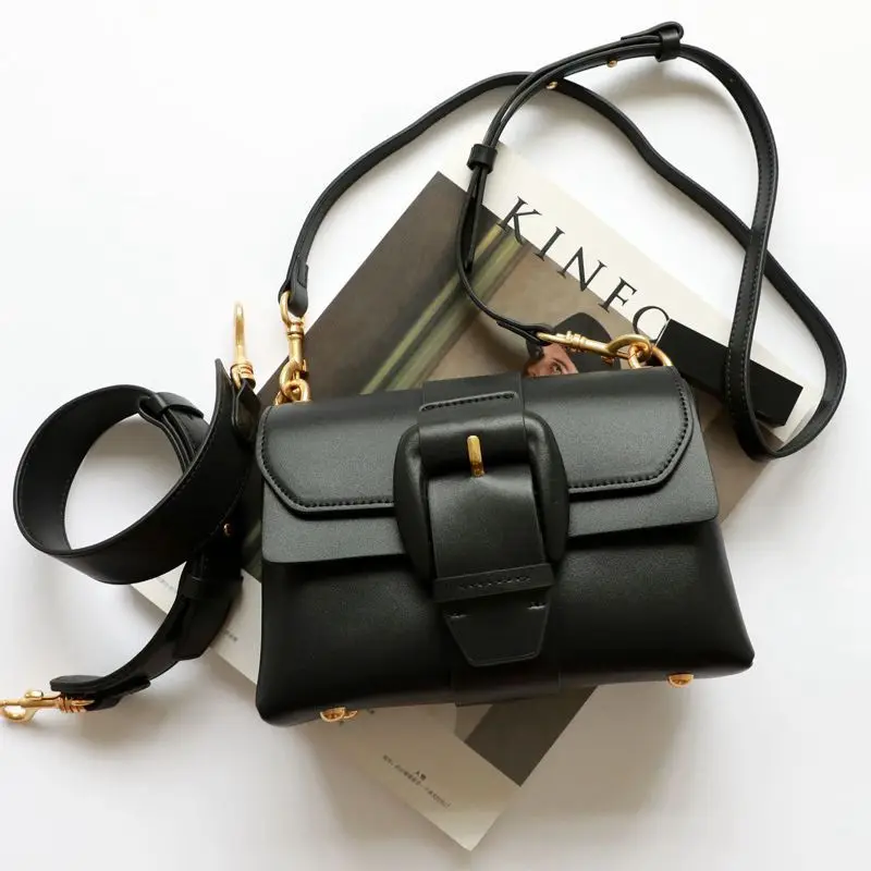 

WOONAM Women Fashion Double Compartments Genuine Calf Leather Belt Satchel Shoulder Crossbody Bag BG3008