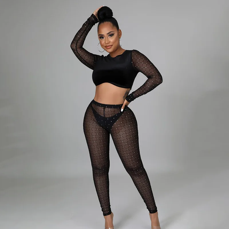 

Женский брючный костюм из топа и леггинсов, комплект из двух предметов с прозрачными вставками, укороченный топ с высокой талией и брюки, ве...