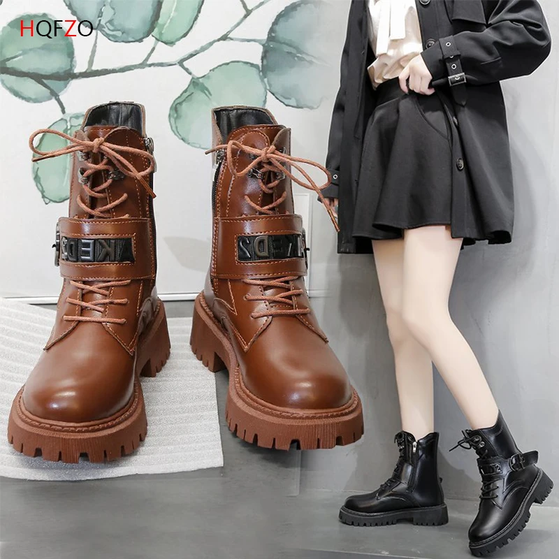 

HQFZO Ladies Martins Boots Winter Platform Ankle Botas Lace Up Square Heel Motorcycle Boots Plush Buckle PU Leather Short Boots