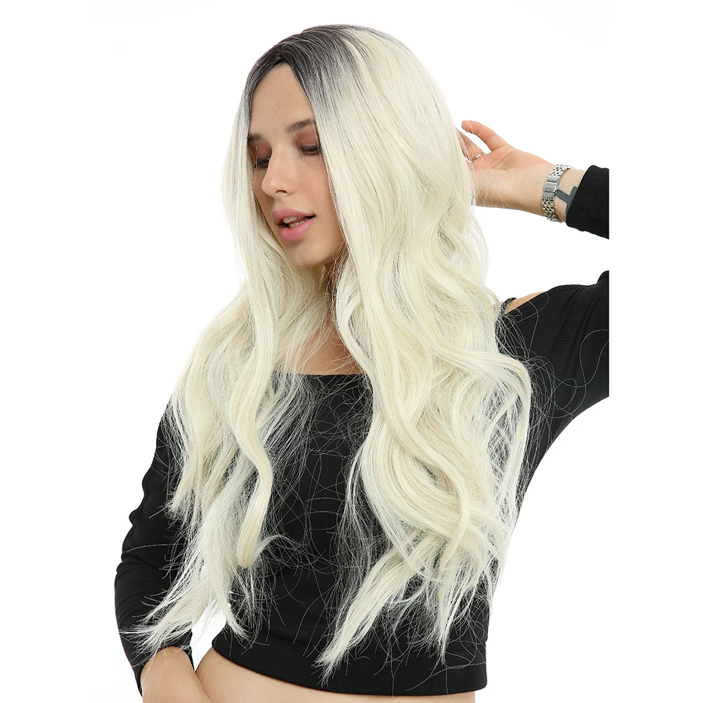 

WHIMSICAL W Long Wavy Black Blonde Color Wigs Natural Middle Part Heat Resistant Hair Synthetic Wig for Women