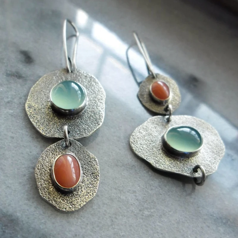 

Boho Handmade Vintage Orange Green Stone Earrings for Women Bohemian Jewelry Antique Silver Color Asymmetrical
