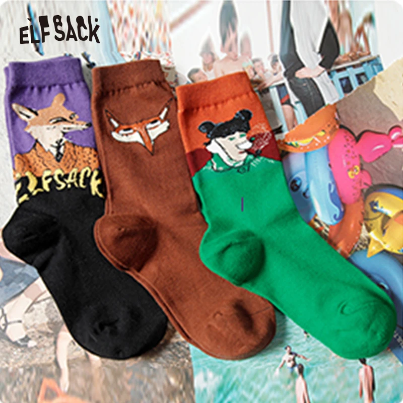 ELFSACK носки с принтом волка женские зима 2019 корейский стиль милые носки|Носки| |