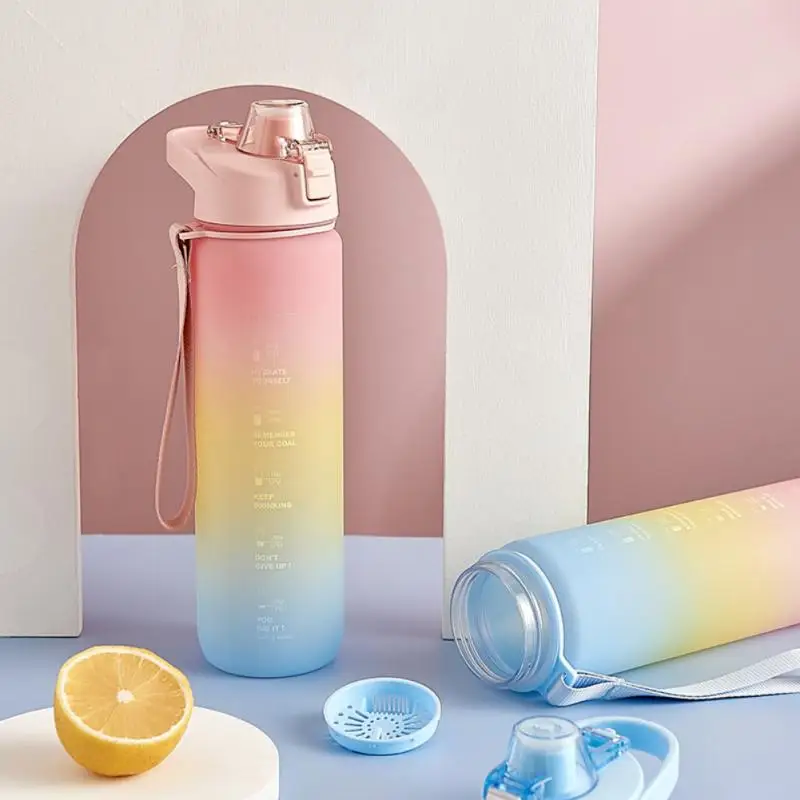 1 Liter Large Capacity Free Motivational With Time Marker Fitness Jugs Gradient Color Plastic Cups Outdoor Frosted Water Bottle | Дом и сад