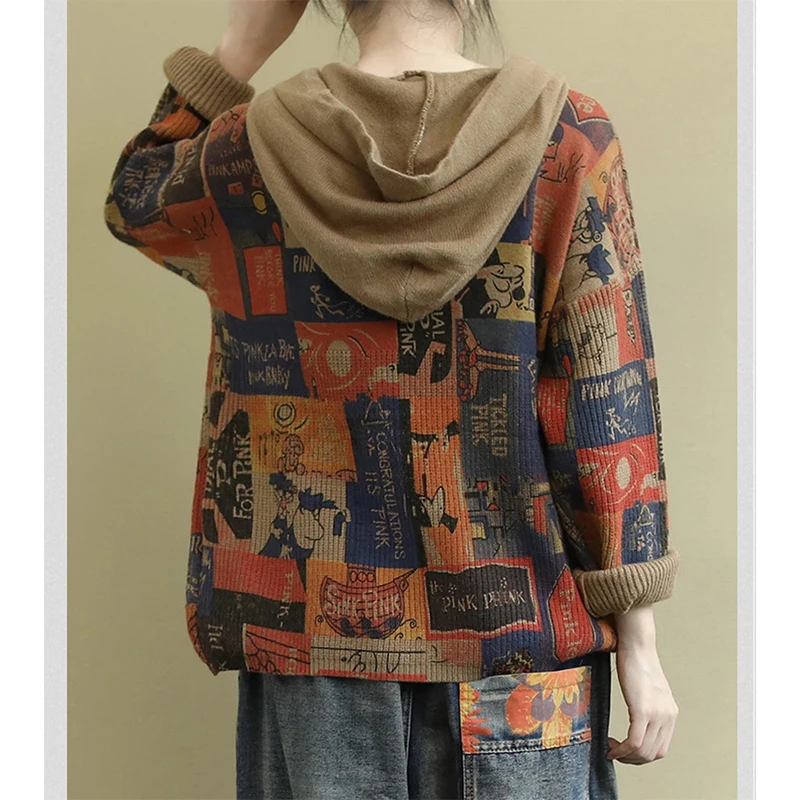 

2021 spring and autumn hooded retro national sports shirt long sleeve splicing printed knitted pullover for women's casual wear
