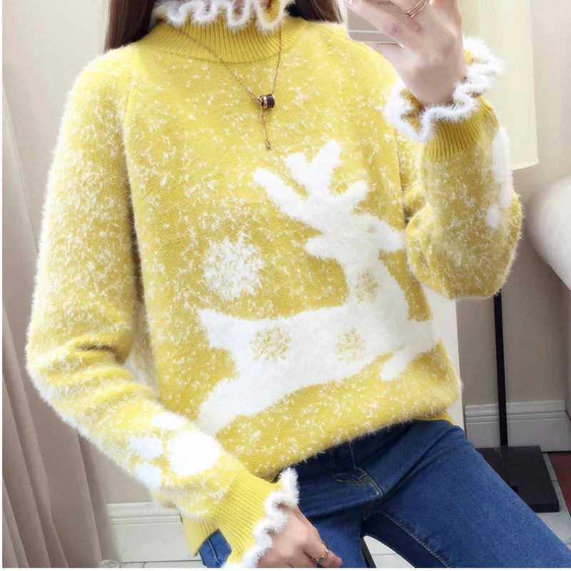 Женский свитер с воротником-хомутом из искусственного меха норки толстые теплые