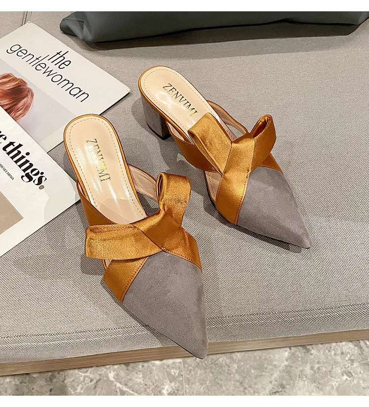 

Women's Slippers 2021 New Summer Women's Shoes Of Silk Satin Pointed Bow Slippers Toe Caps Feet Half Slippers Fashion Sandals