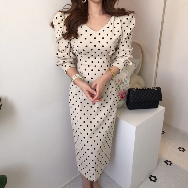 

2022 Fall Women Casual Polka Dot Printing V-Neck Tie Bow Hip Dress Spring Waist Slimming Corduroy Long Dresses Elegant Fashion