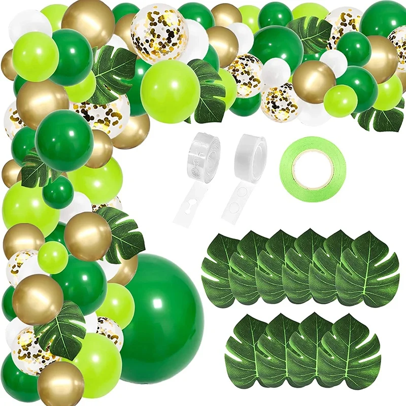 

134Pcs Jungle Party Balloon Arch Green Balloon Decoration, with Artificial Tropical Palm Leaves for Birthday Party