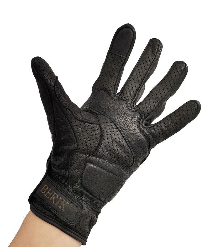 

Brand New BERIK Retro Motorcycle Gloves Men Black Perforated Summer Breathable Sheepskin Off-road Street Moto Riding Gloves