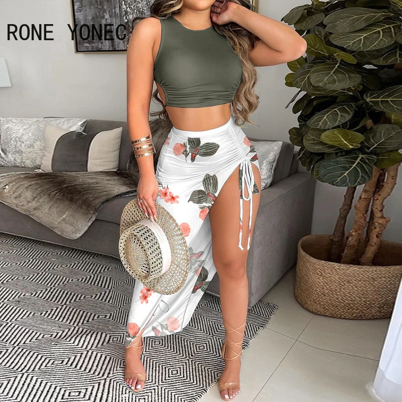 Женский повседневный летний костюм топ с рюшами и юбка цветочным принтом высоким