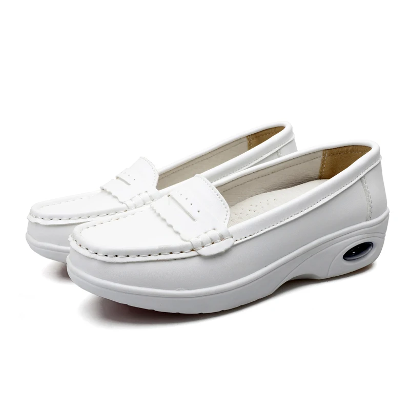 Plardin Women Loafers Shoes Genuine Leather Slip On Walking Shoes White Sneakers Casual Shoes Ballet Flats Hospital Nurse Shoes