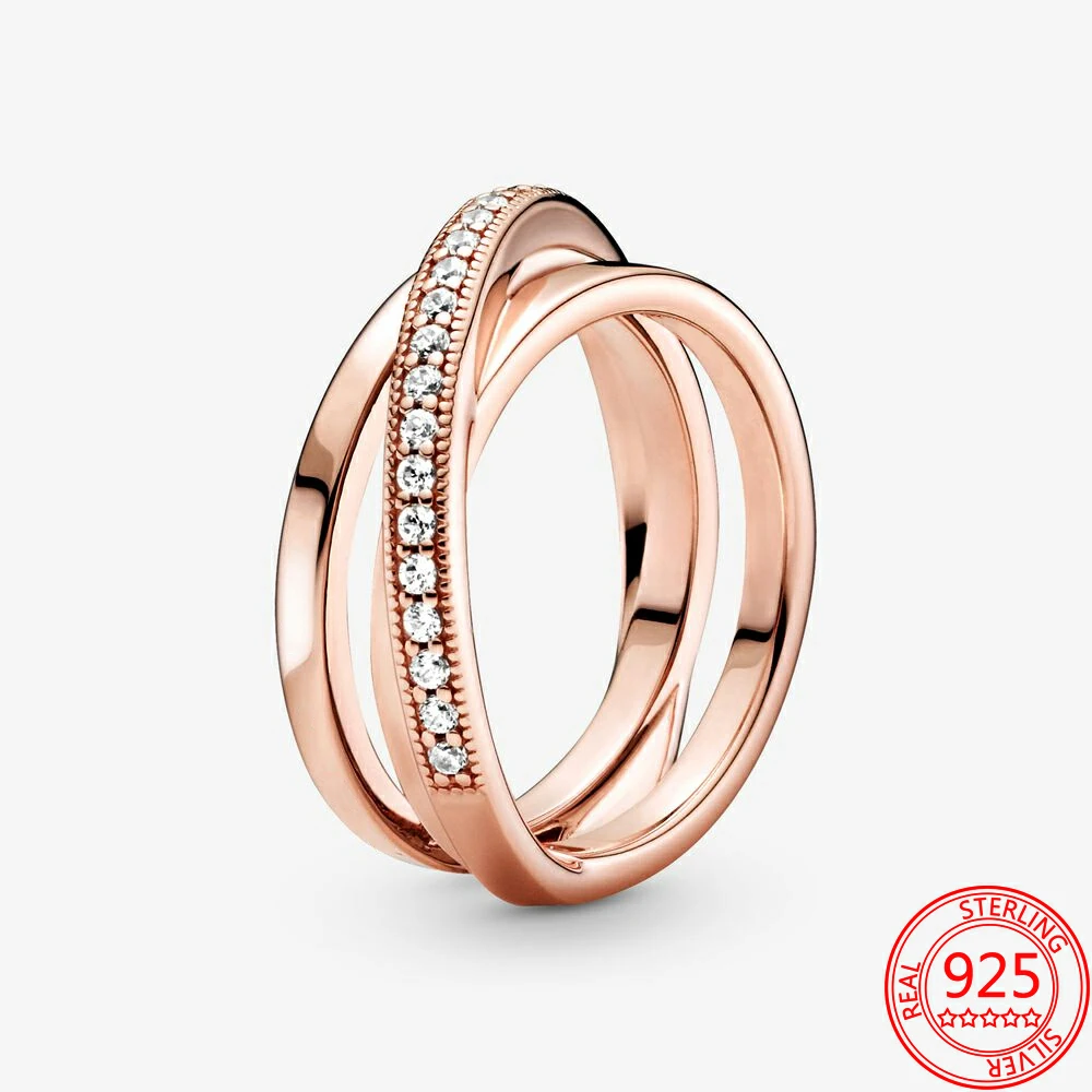 

New 925 Sterling Silver Rosegold Crossover Pave Triple Band Ring Temperament Ring Fashion Simplicity for Women Jewelry Anel Gift