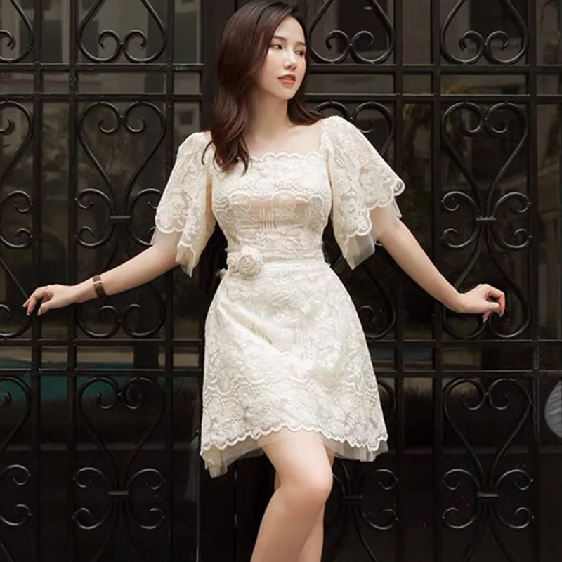 

High Quality Women Mini Dress Luxury Embroidery Lace Patchwork Flare Sleeves Flowers Aline Lady Sweet Party Chic Summer Dresses
