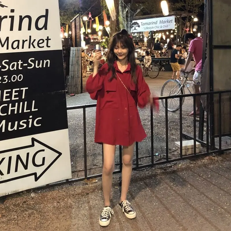 Autumn Womens Loose Blouse Shirts Blusas Long Sleeve Pockets Solid Oversized Blouses Vintage Women Tops Red Wine Outwear Femme |