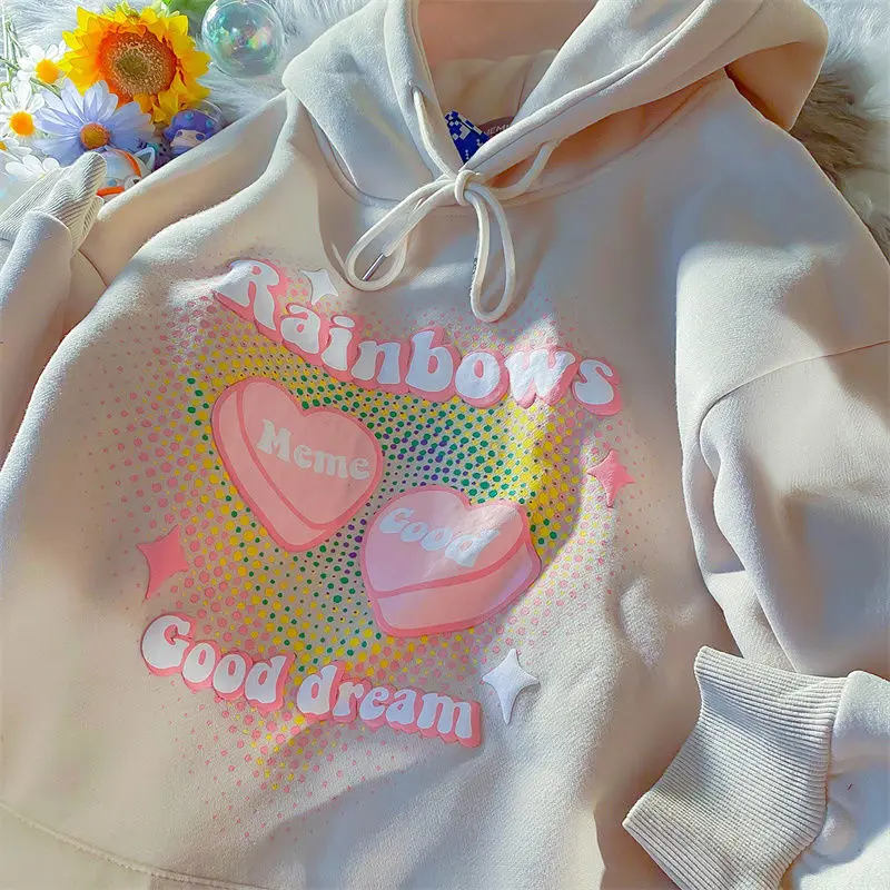 

Новинка Толстовка в стиле хип-хоп Свитшот женская уличная одежда винтажный Повседневный пуловер с радужным принтом сердец 2021 мужская хлопк...