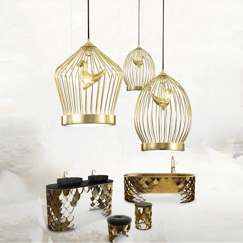 

Postmodern golden birdcage lamp simple art creative Bar restaurant lights living room bedroom dining room Pendant Lights LB40704