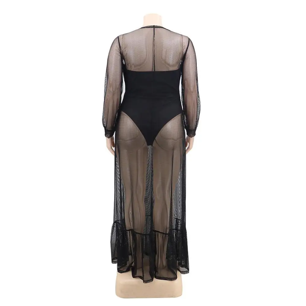 

Black Mesh Dress Two Piece See Through Floor Length Sexy For Evening Night Club Elegant Transparent Robe Vestidos Dress No Belt