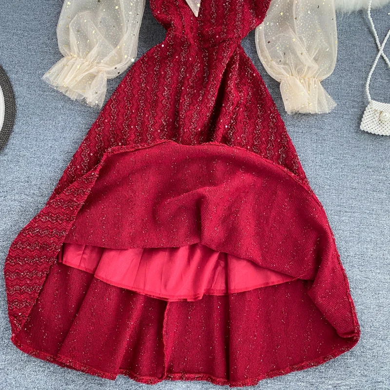 

Lady New Fashion Retro Mesh Patchwork A-line Dress Women Round Neck Bow Long Sleeve Sequins High Waist Thin A-line Vestidos J26