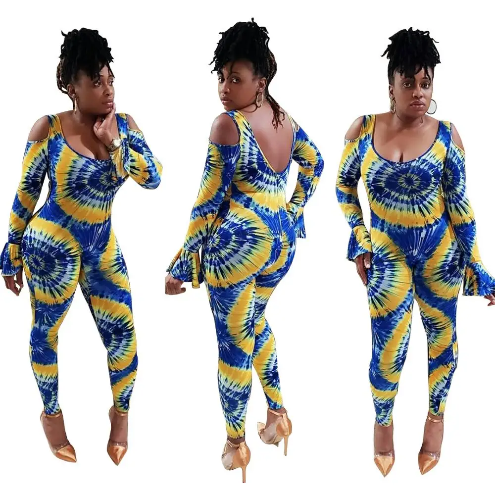 

2020 Autumn Hot Selling Women Tie-Dye Printing Jumpsuits Lady's O-neck Off The Shoulder Flared Sleeve Bodycon Pencil Rompers