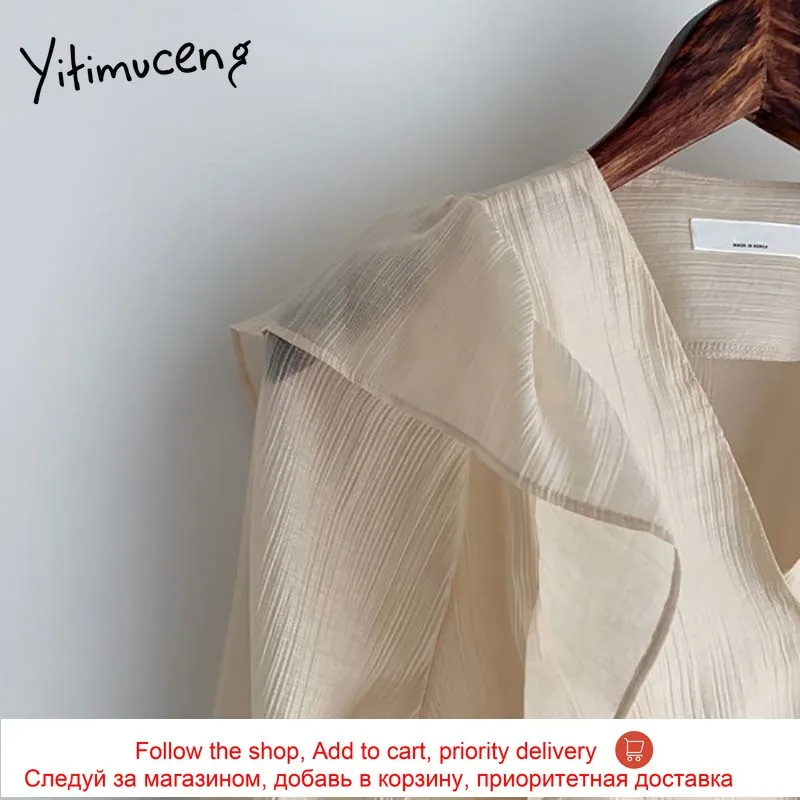 

Yitimuceng Chiffon Blouse Women Ruffles Slim Elegant Shirts Unicolor Apricot V-Neck Clothes 2021 Spring Korean Fashion New Tops