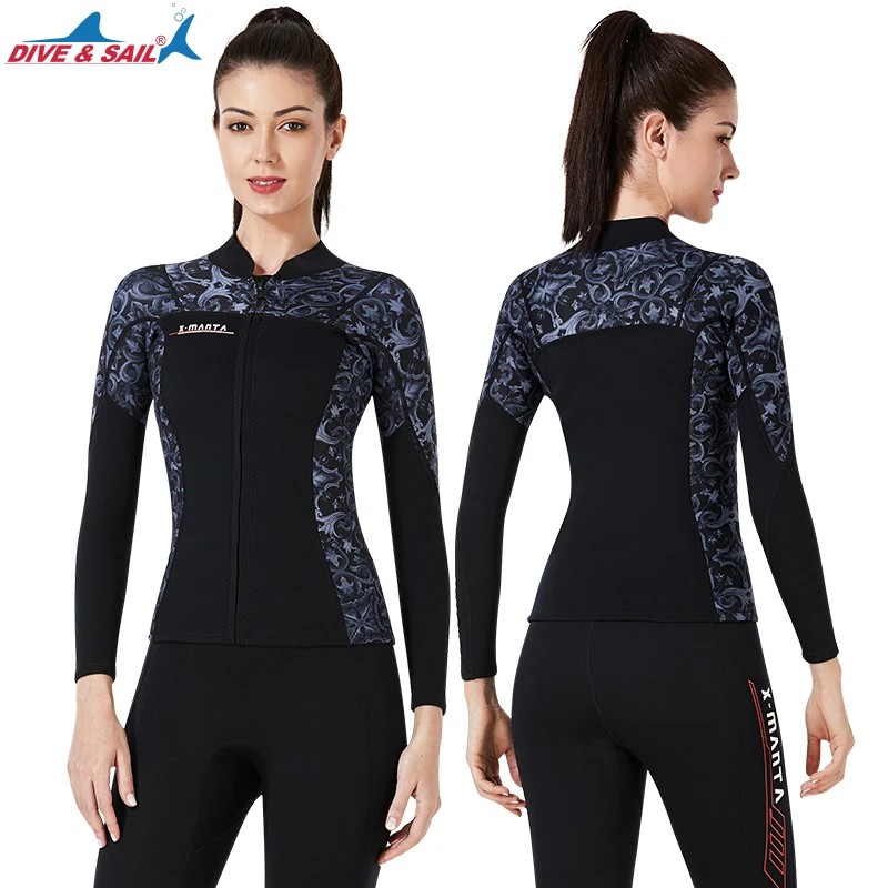 Women’s 1.5mm Wetsuits Jacket Pants Long Sleeve Neoprene Tops Bottoms Front Zip Men's Printed Wet Suit Spring Swimsuit | Спорт и