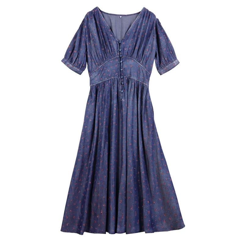 

Women Vintage V-neck High Waist Mid-length Print Floral Thin Lightweight Jeans Dress 2021 Summer Female Short Sleeve Denim Dress