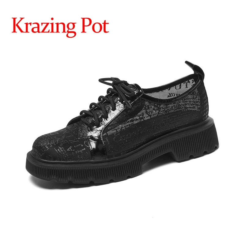 

lenkisen cow leather round toe med heel Internet star young lady daily wear breathable network solid lace up women pumps L21