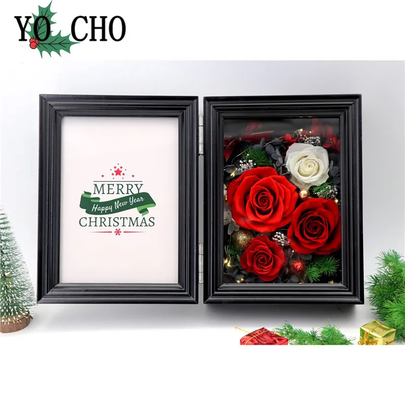 

YO CHO Eternal Rose Photo Frame Christmas Present Walnut Color Wood Girlfriend Valentines Day Birthday Gift Preserved Rose Frame