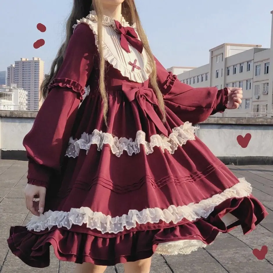 

Lolita Dress Kawaii Style Vintage Tea Party Dress Lolita Daily OP Long-sleeved Princess Dress Dress Female Red Victorian Dress