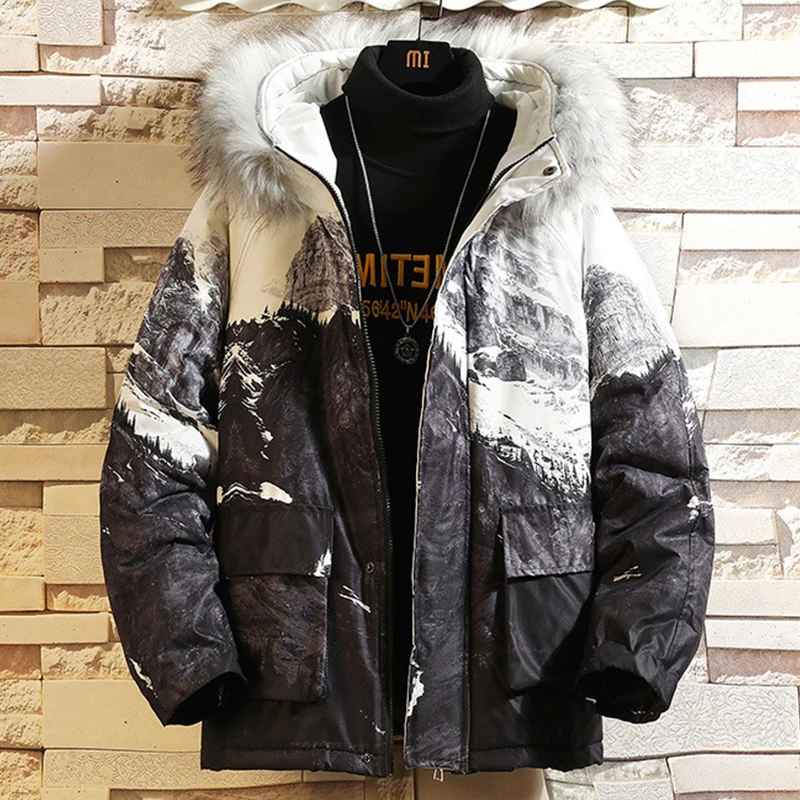

Fashion Warm Thick Men Parka Jackets New Print Men's Winter Fur Hood Coat Puffer Male Jackets Snow Mountain Plus Size 5XL 4XL