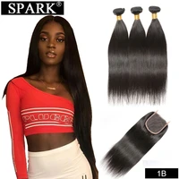 spark human hair straight brazilian human hair weave bundles with closure 100 human hair extensions natural black color remy