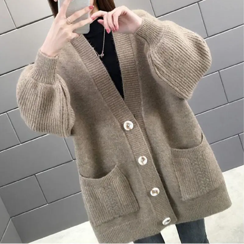 

Вязаный кардиган для женщин; Сезон осень-зима; Новинка; Корейский стиль; Рубашка с пышными рукавами; Однотонный свитер; СВОБОДНЫЙ Модный Уни...