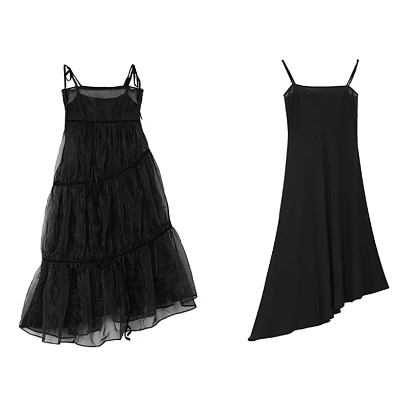 

SHENGPALAE Elegant Camis Two Piece Set Dress Women's Summer 2021 New Square Collar Sleeveless Organze Bandage Mid-calf Dresses