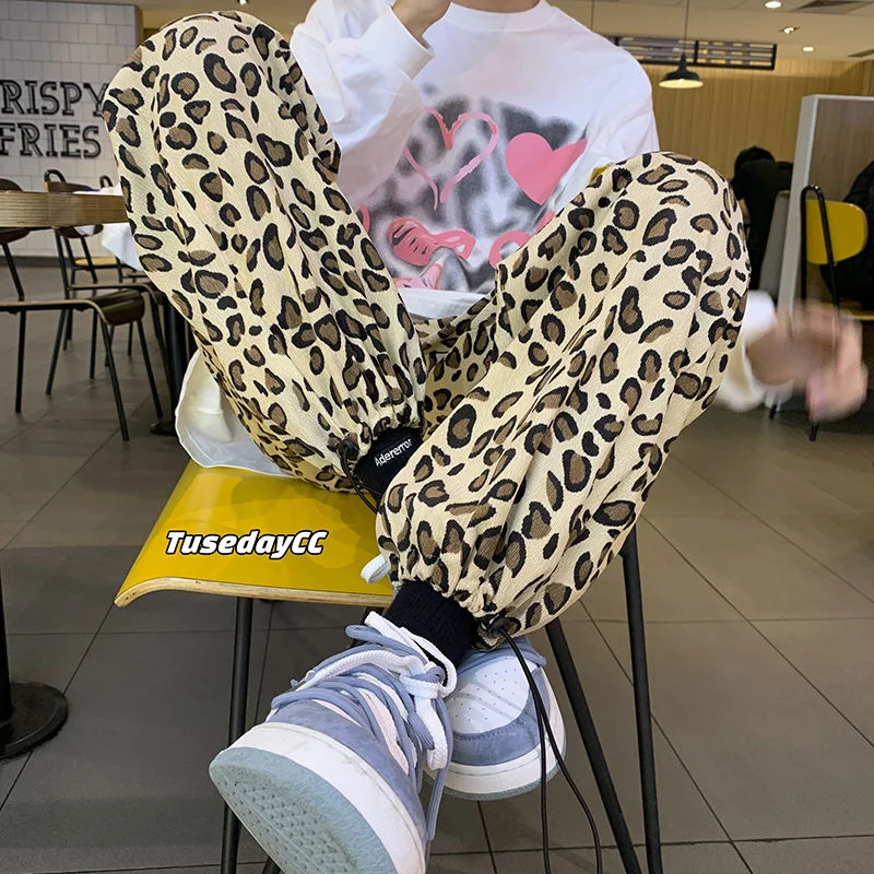 

PR Fashion Leopard Men Sweatpants Streetwear Hight Waist Drawstring Man Casual Pants 2021 Male Trousers