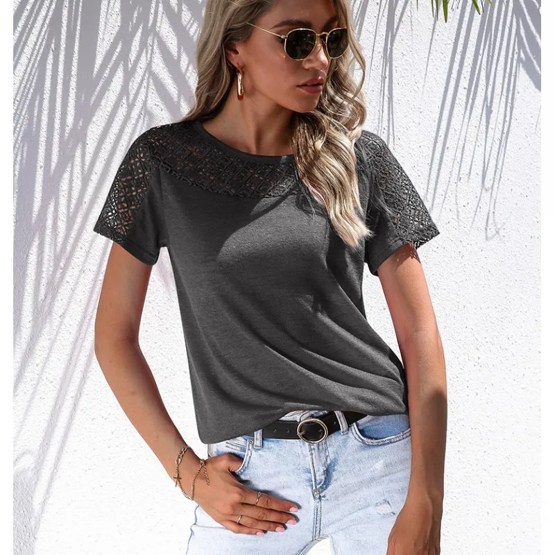 

Pure Color Casual Top T-shirt 2021 European American Summer New Fashion Women's Round Neck Hollow Crochet Short-sleeved T-shirt