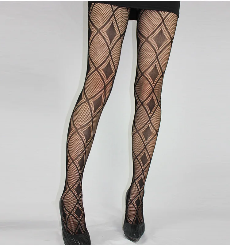 Модные женские чулки с узором в сеточку черные жаккардовые колготки