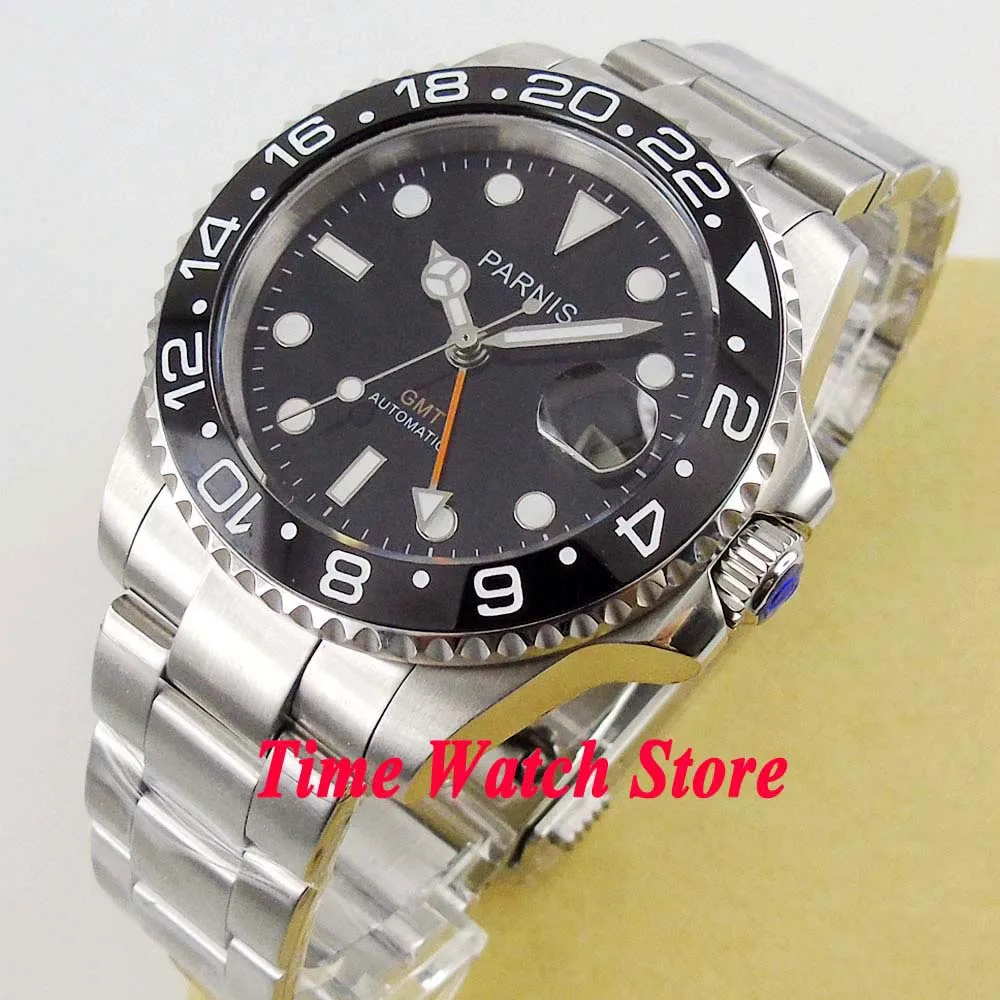 Мужские часы parnis GMT 40 мм сапфировый кристалл Керамическая рамка светящиеся