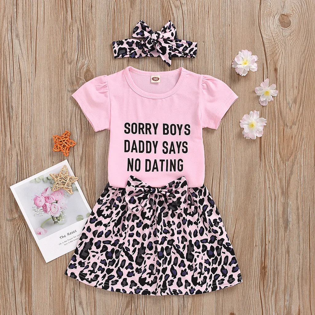 

Summer Toddler Kids Girl Clothes Set Children O-neck Short Sleeve Letter Print Top Leopard Dress Clothing 2pcs Outfits Vetement