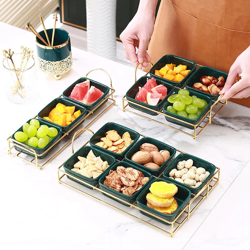 

Ceramic Fruit Platter Nordic Style Living Room Gold Bracket Multi-grid Candy Snack Plate for Nuts Olives Tray Home Ornaments