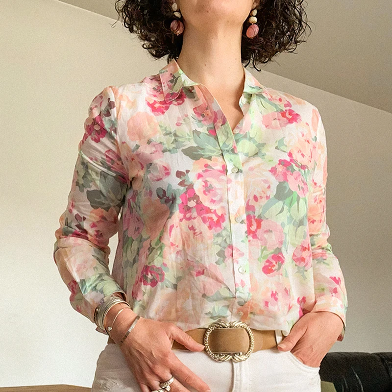 

Женская рубашка с цветочным принтом, Повседневная элегантная рубашка с длинным рукавом и классическим воротником, весна-осень