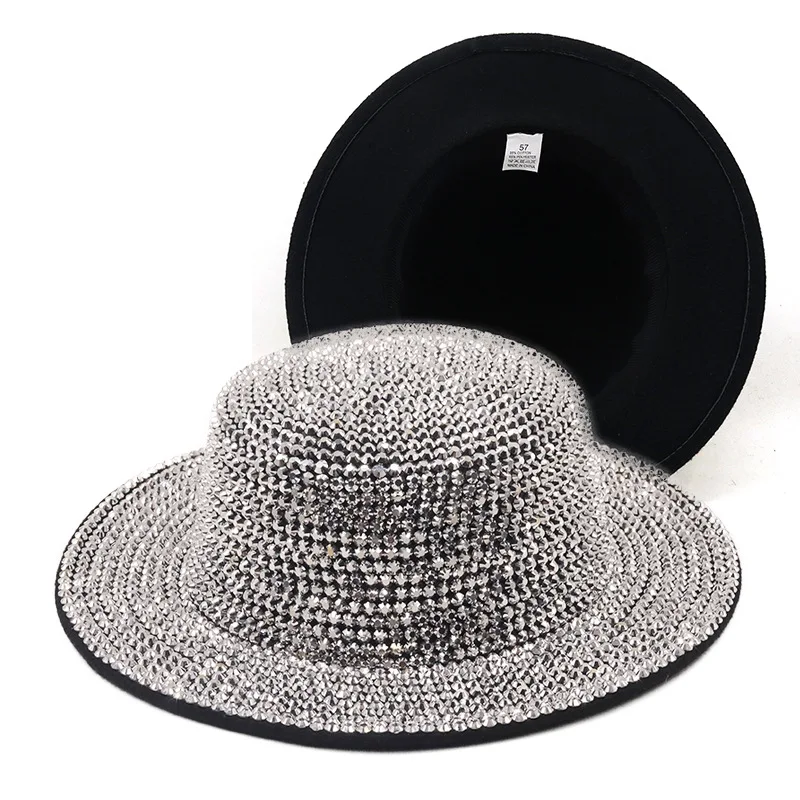 

2021 rhinestone flat fedora hat Panama new felt hat men's jazz hat party stage performance hat ladies fedora hat шляпаженская